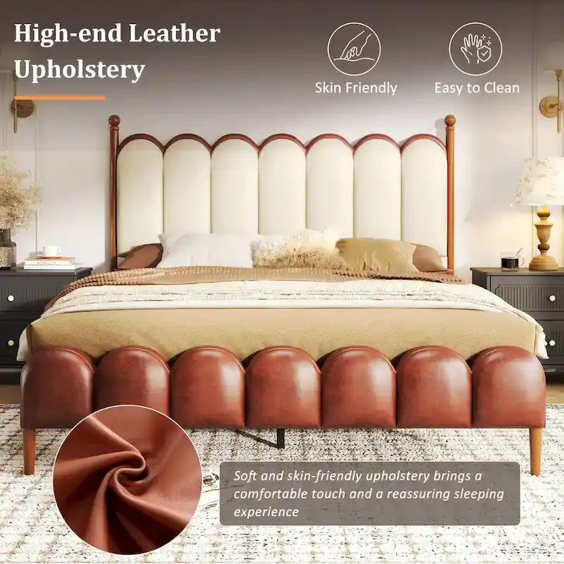 Christopher Knight Home - Leather Upholstered Bed with Headboard & Footboard, Solid Wood Slats & Legs, No Box Spring Needed