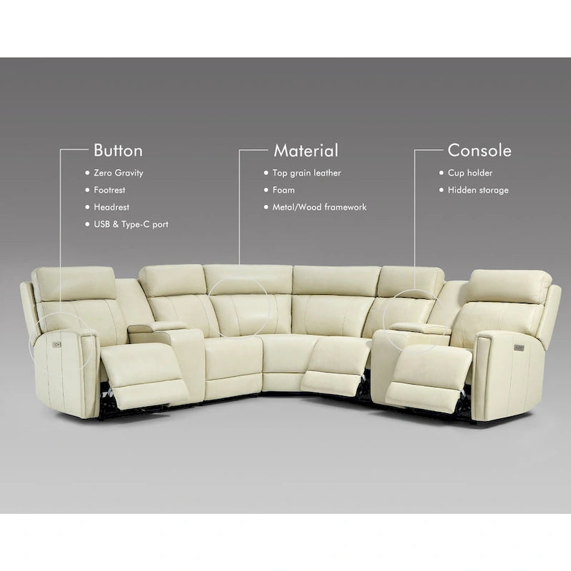 Genuine Leather Power Recliner Sectional Sofa with Ajustable Headrest, USB&USB-C Port