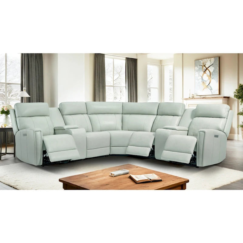Genuine Leather Power Recliner Sectional Sofa with Ajustable Headrest, USB&USB-C Port