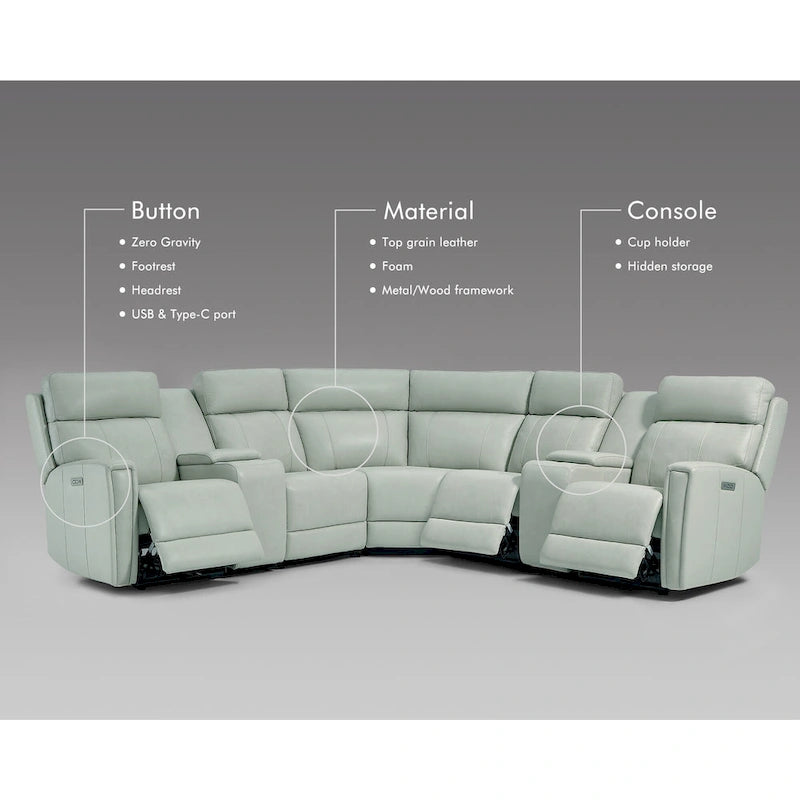 Genuine Leather Power Recliner Sectional Sofa with Ajustable Headrest, USB&USB-C Port