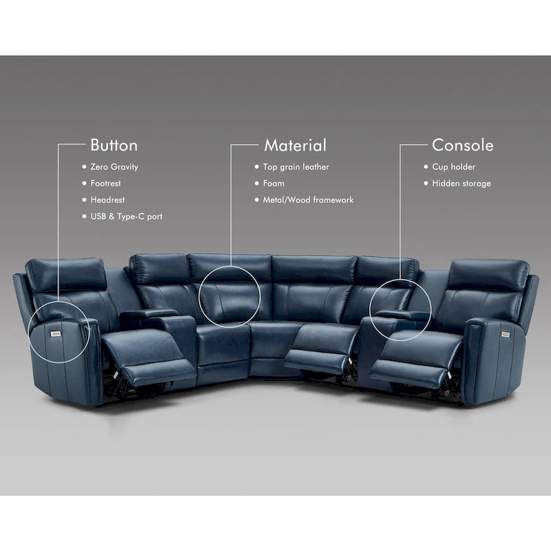 Genuine Leather Power Recliner Sectional Sofa with Ajustable Headrest, USB&USB-C Port