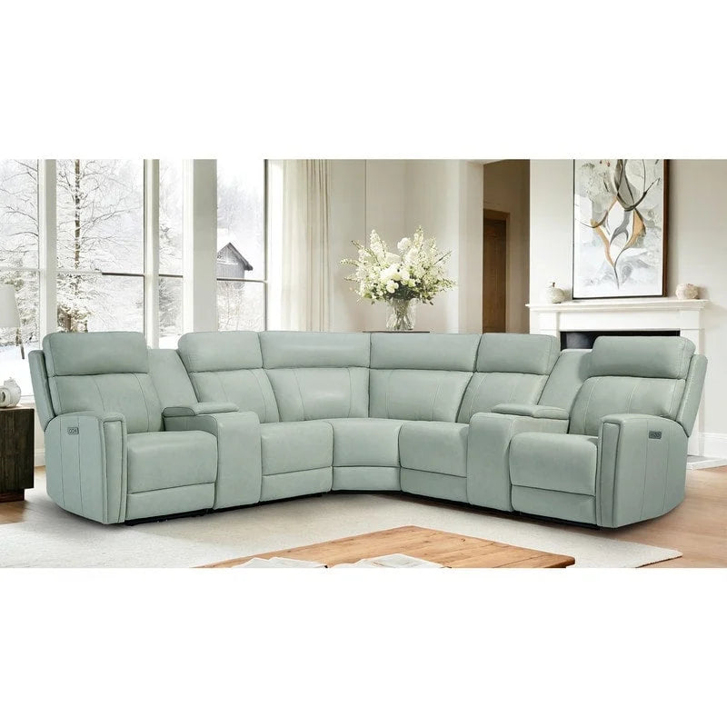 Genuine Leather Power Recliner Sectional Sofa with Ajustable Headrest, USB&USB-C Port