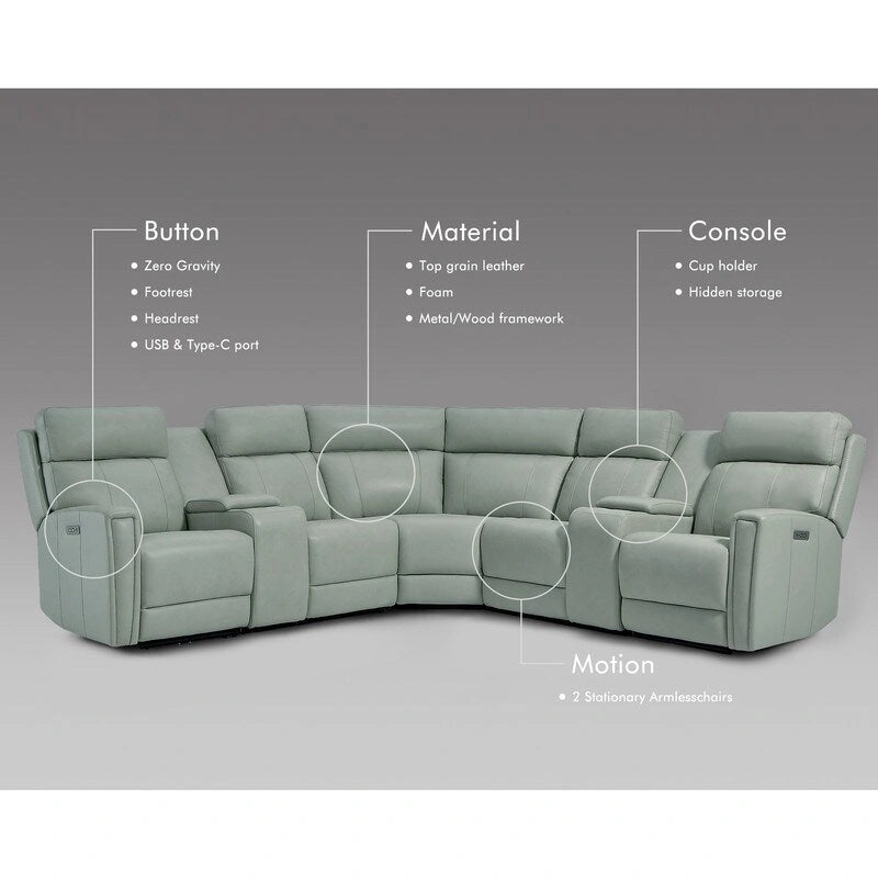 Genuine Leather Power Recliner Sectional Sofa with Ajustable Headrest, USB&USB-C Port