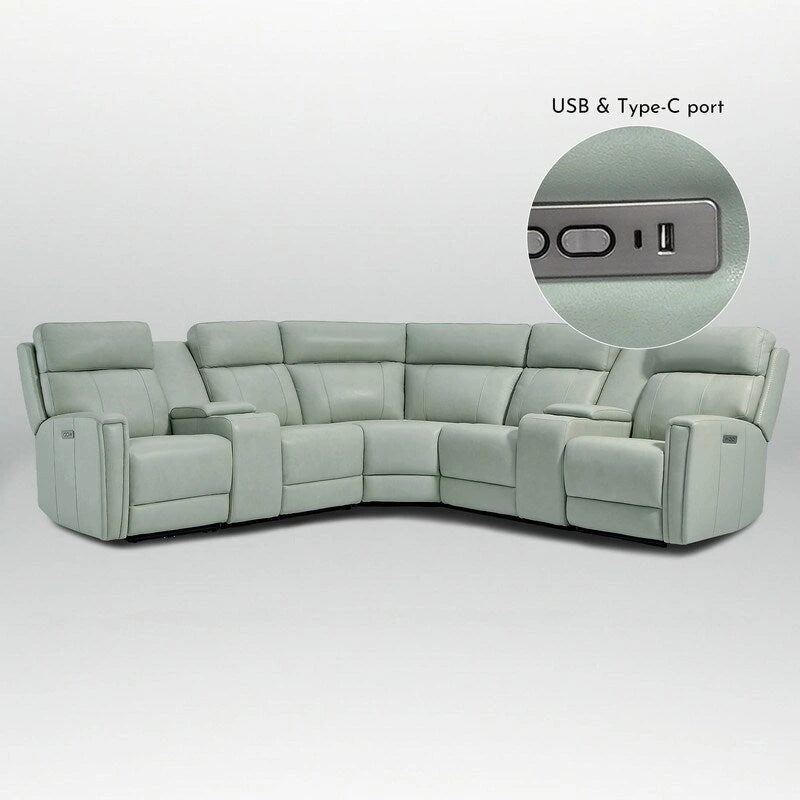 Genuine Leather Power Recliner Sectional Sofa with Ajustable Headrest, USB&USB-C Port