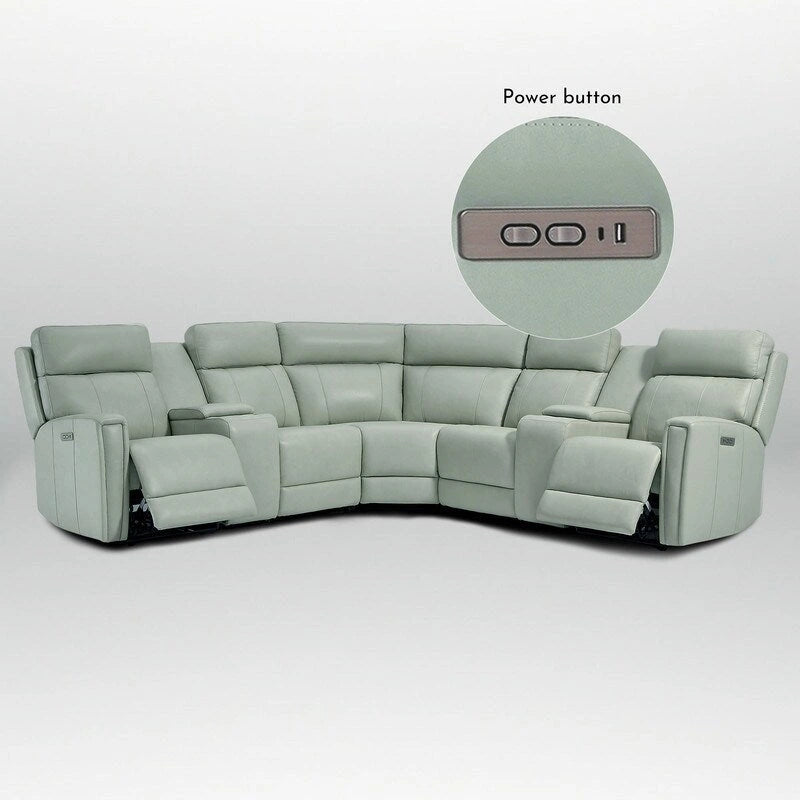 Genuine Leather Power Recliner Sectional Sofa with Ajustable Headrest, USB&USB-C Port