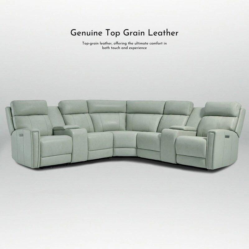 Genuine Leather Power Recliner Sectional Sofa with Ajustable Headrest, USB&USB-C Port