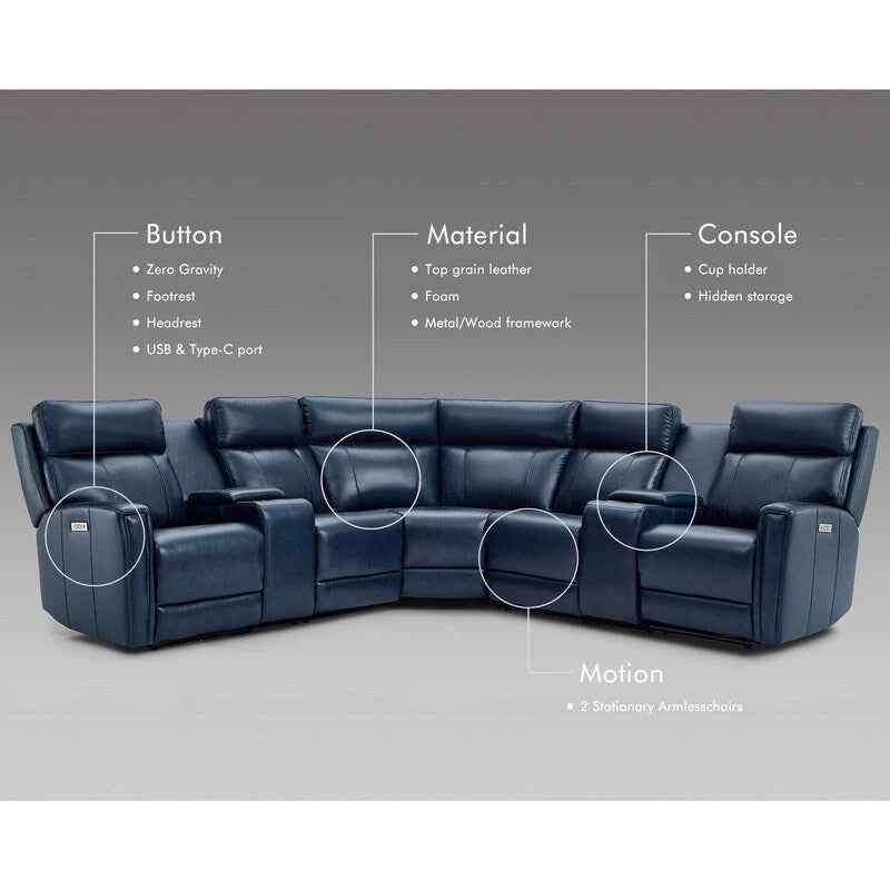 Genuine Leather Power Recliner Sectional Sofa with Ajustable Headrest, USB&USB-C Port