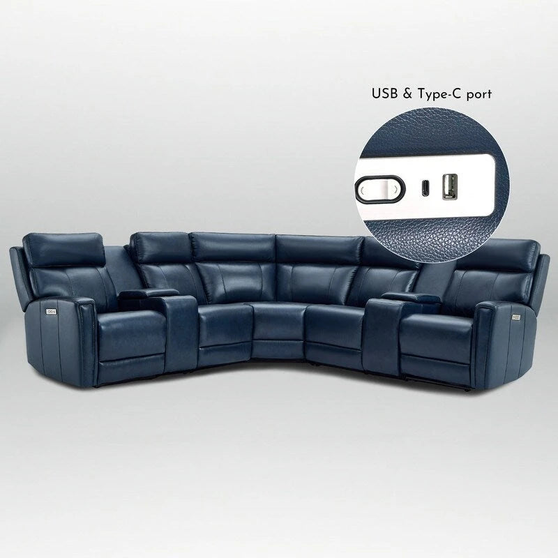 Genuine Leather Power Recliner Sectional Sofa with Ajustable Headrest, USB&USB-C Port