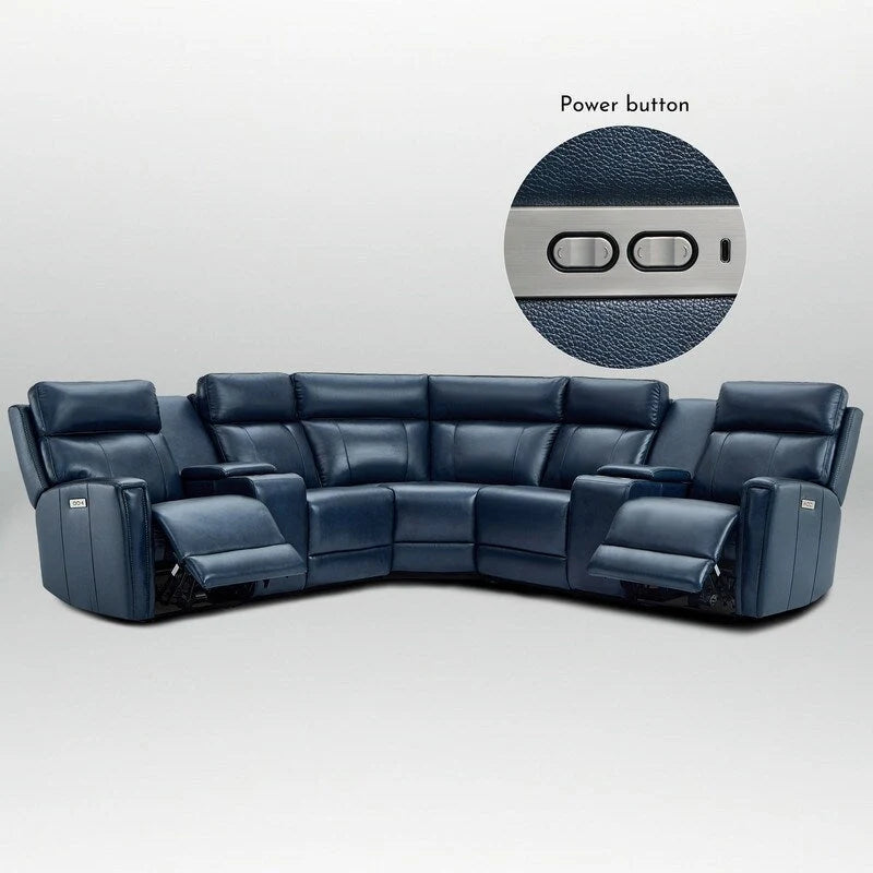 Genuine Leather Power Recliner Sectional Sofa with Ajustable Headrest, USB&USB-C Port