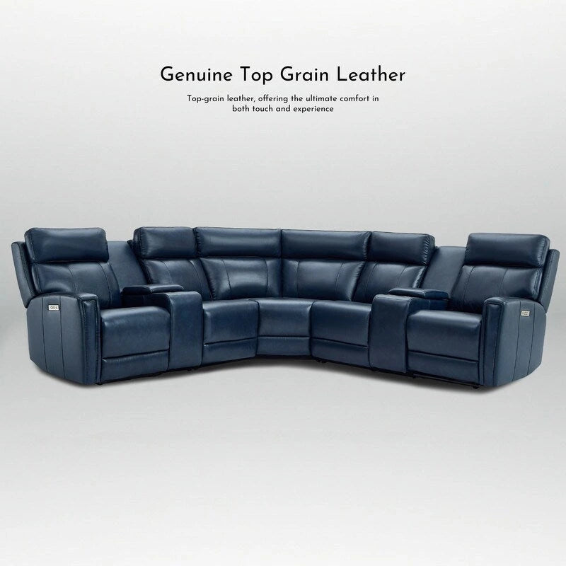 Genuine Leather Power Recliner Sectional Sofa with Ajustable Headrest, USB&USB-C Port