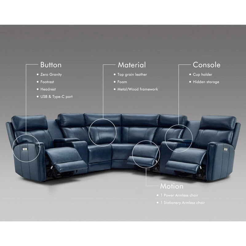 Genuine Leather Power Recliner Sectional Sofa with Ajustable Headrest, USB&USB-C Port