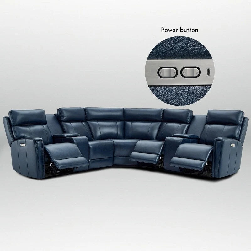 Genuine Leather Power Recliner Sectional Sofa with Ajustable Headrest, USB&USB-C Port