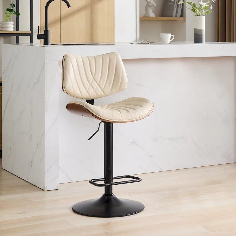 Modern Set of 2 Swivel Bar Stools with Leather Backrest Cushioned Seat Chrome-Plated Base Adjustable Height, for Kitchen Island