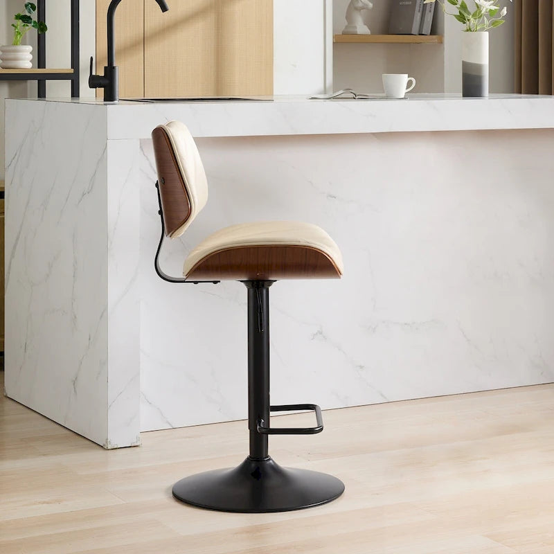 Modern Set of 2 Swivel Bar Stools with Leather Backrest Cushioned Seat Chrome-Plated Base Adjustable Height, for Kitchen Island