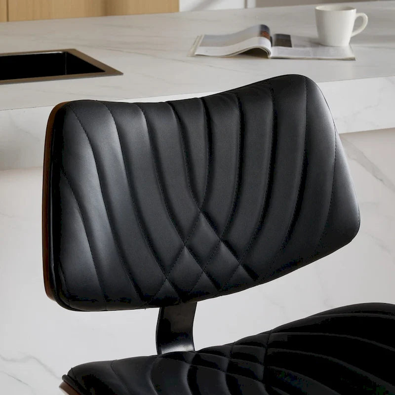 Modern Set of 2 Swivel Bar Stools with Leather Backrest Cushioned Seat Chrome-Plated Base Adjustable Height, for Kitchen Island