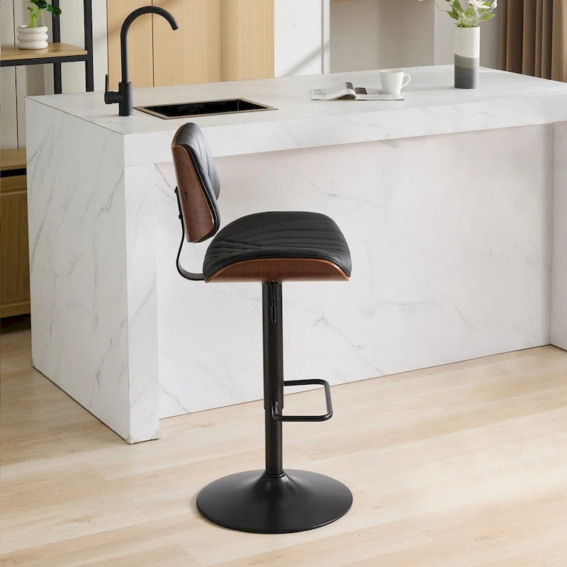 Modern Set of 2 Swivel Bar Stools with Leather Backrest Cushioned Seat Chrome-Plated Base Adjustable Height, for Kitchen Island