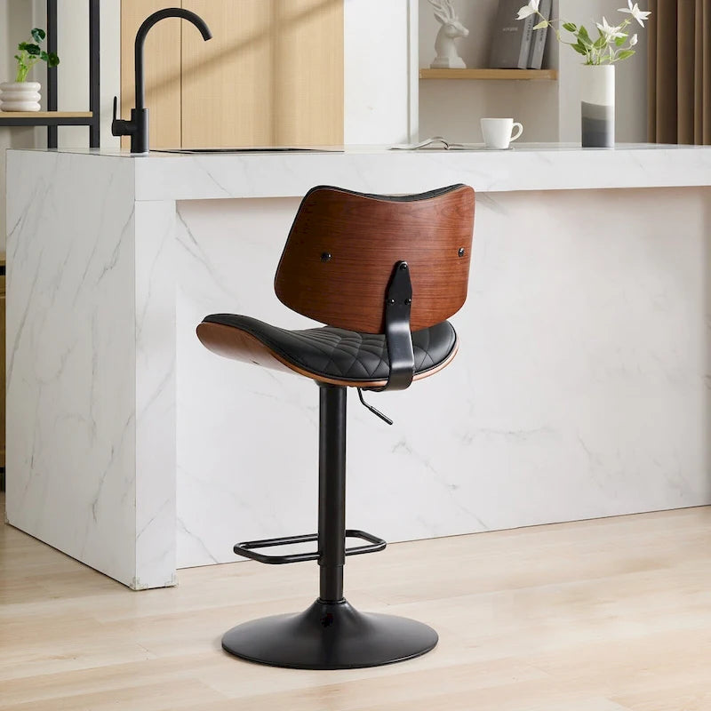 Modern Set of 2 Swivel Bar Stools with Leather Backrest Cushioned Seat Chrome-Plated Base Adjustable Height, for Kitchen Island