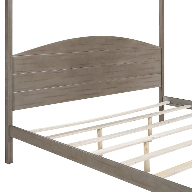 King Size Pine Canopy Platform Bed w/ Classic Wood Headboard Upholstered Bed Frame, No Box Spring Needed, Easy Assembly