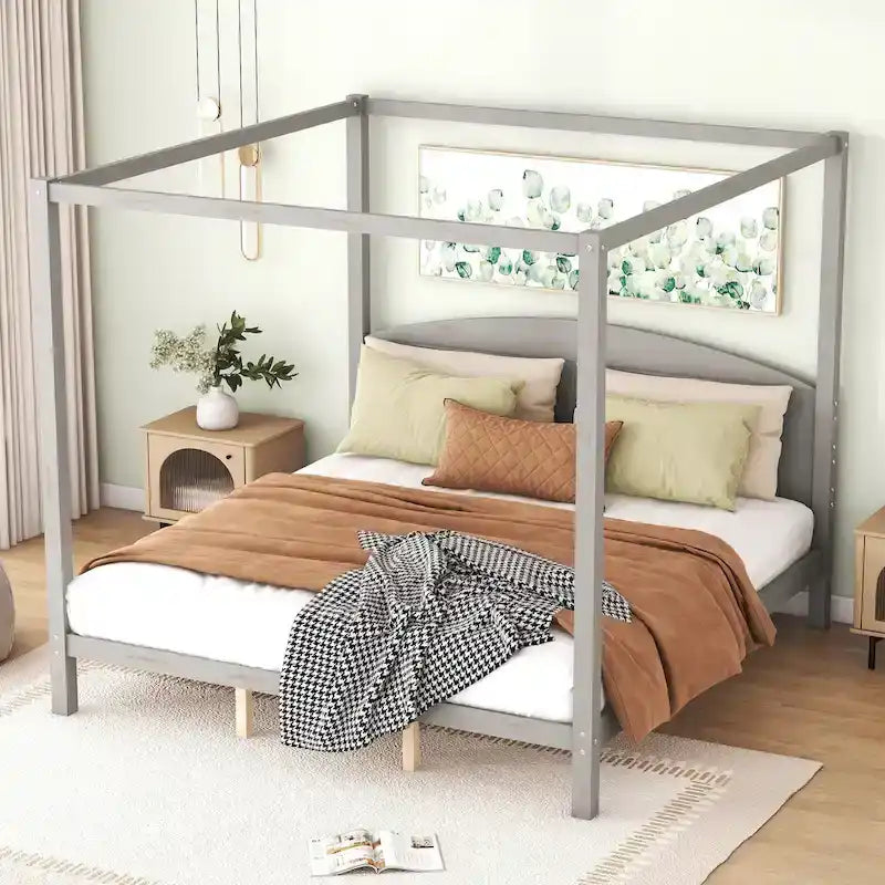 King Size Pine Canopy Platform Bed w/ Classic Wood Headboard Upholstered Bed Frame, No Box Spring Needed, Easy Assembly