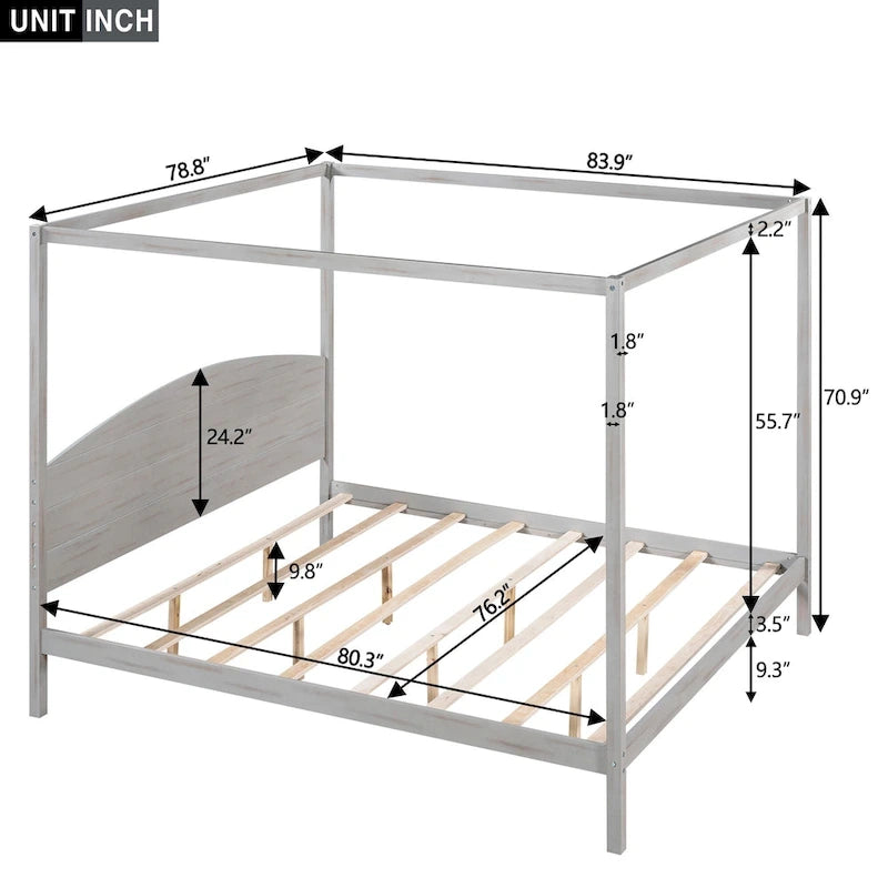 King Size Pine Canopy Platform Bed w/ Classic Wood Headboard Upholstered Bed Frame, No Box Spring Needed, Easy Assembly