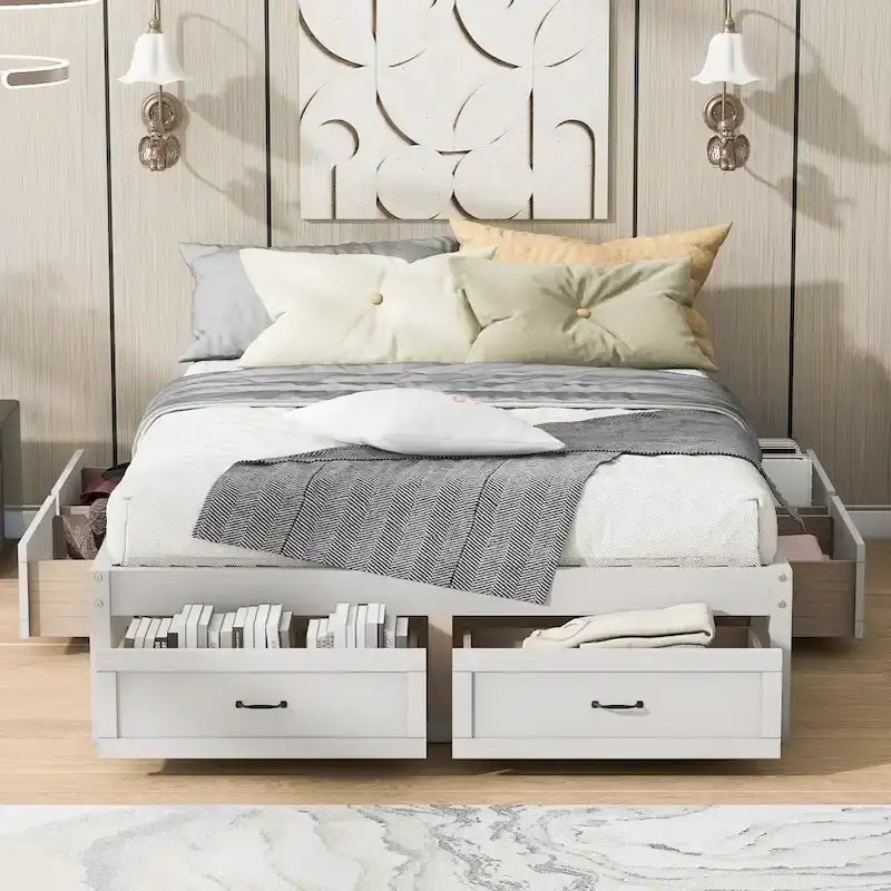 Queen Size Platform Bed with 6 Storage Drawers, Antique White, Sleek Design for Bedroom Organization