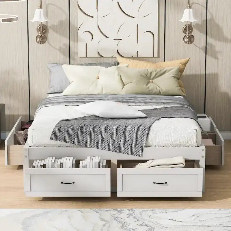 Queen Size Platform Bed with 6 Storage Drawers, Antique White, Sleek Design for Bedroom Organization