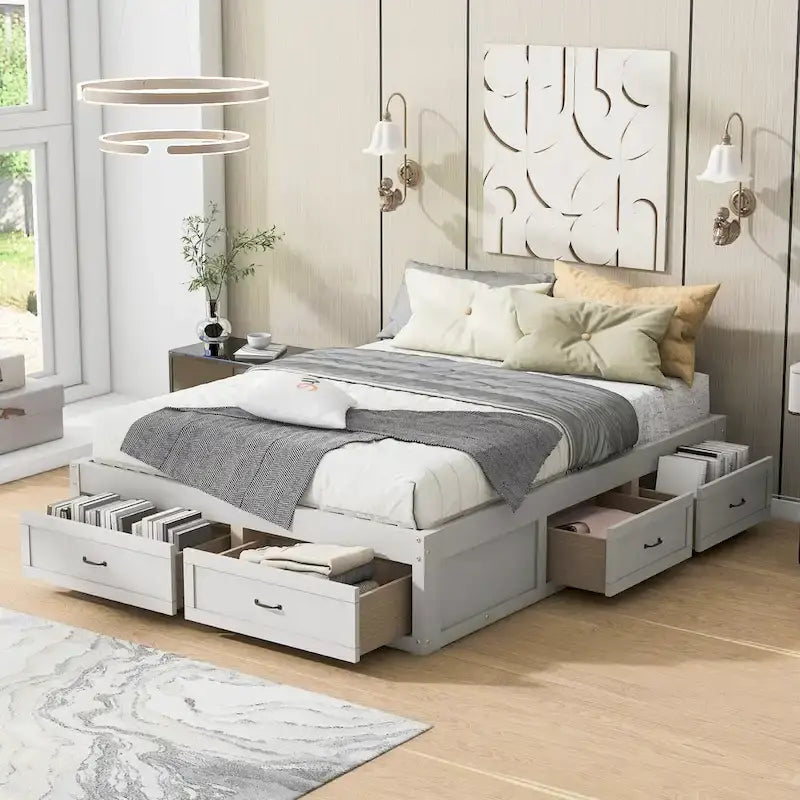 Queen Size Platform Bed with 6 Storage Drawers, Antique White, Sleek Design for Bedroom Organization