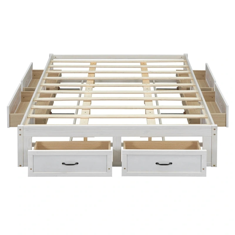 Queen Size Platform Bed with 6 Storage Drawers, Antique White, Sleek Design for Bedroom Organization