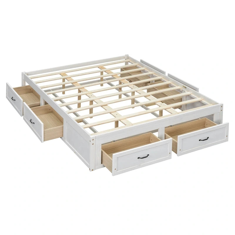 Queen Size Platform Bed with 6 Storage Drawers, Antique White, Sleek Design for Bedroom Organization