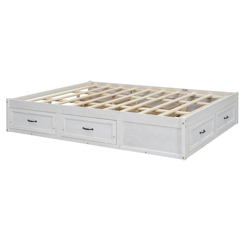 Queen Size Platform Bed with 6 Storage Drawers, Antique White, Sleek Design for Bedroom Organization