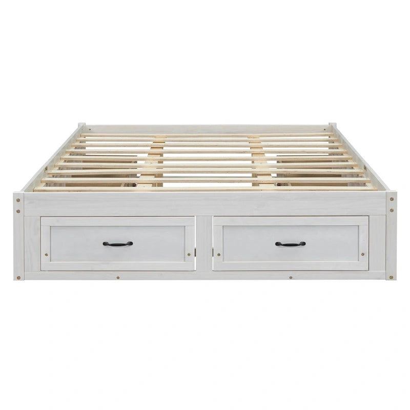 Queen Size Platform Bed with 6 Storage Drawers, Antique White, Sleek Design for Bedroom Organization