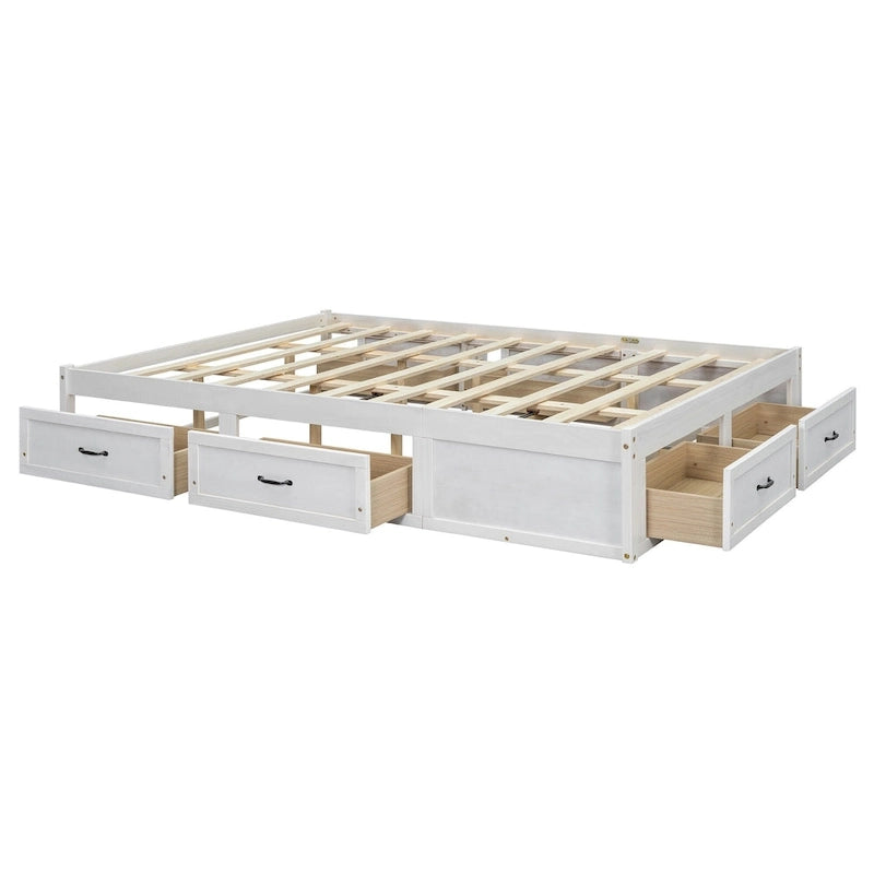 Queen Size Platform Bed with 6 Storage Drawers, Antique White, Sleek Design for Bedroom Organization