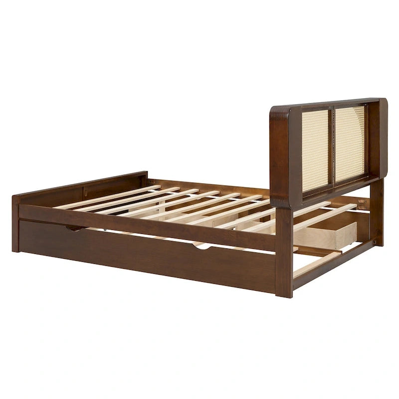 Queen Size Rattan Headboard Bed with Two Storage Drawers and Trundle, Walnut