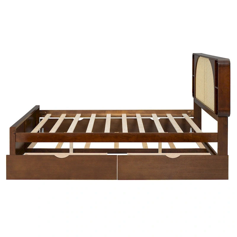 Queen Size Rattan Headboard Bed with Two Storage Drawers and Trundle, Walnut