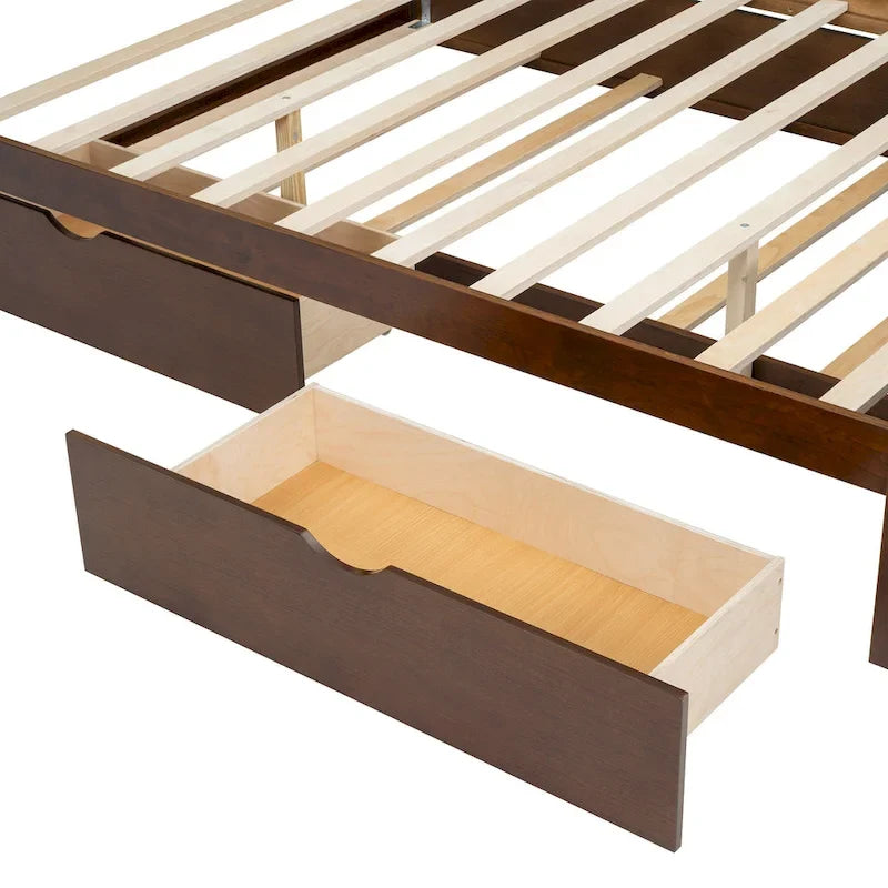 Queen Size Rattan Headboard Bed with Two Storage Drawers and Trundle, Walnut