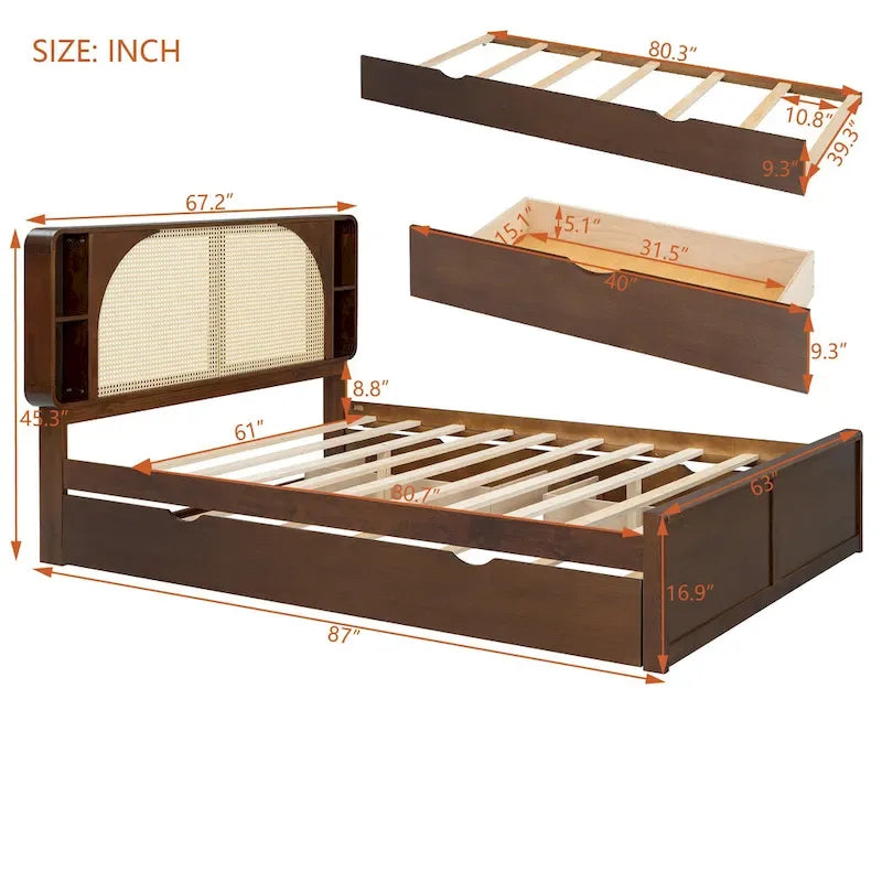 Queen Size Rattan Headboard Bed with Two Storage Drawers and Trundle, Walnut