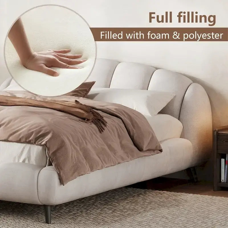 King Size Chenille Upholstered Platform Bed Shell-Shape Design Beds