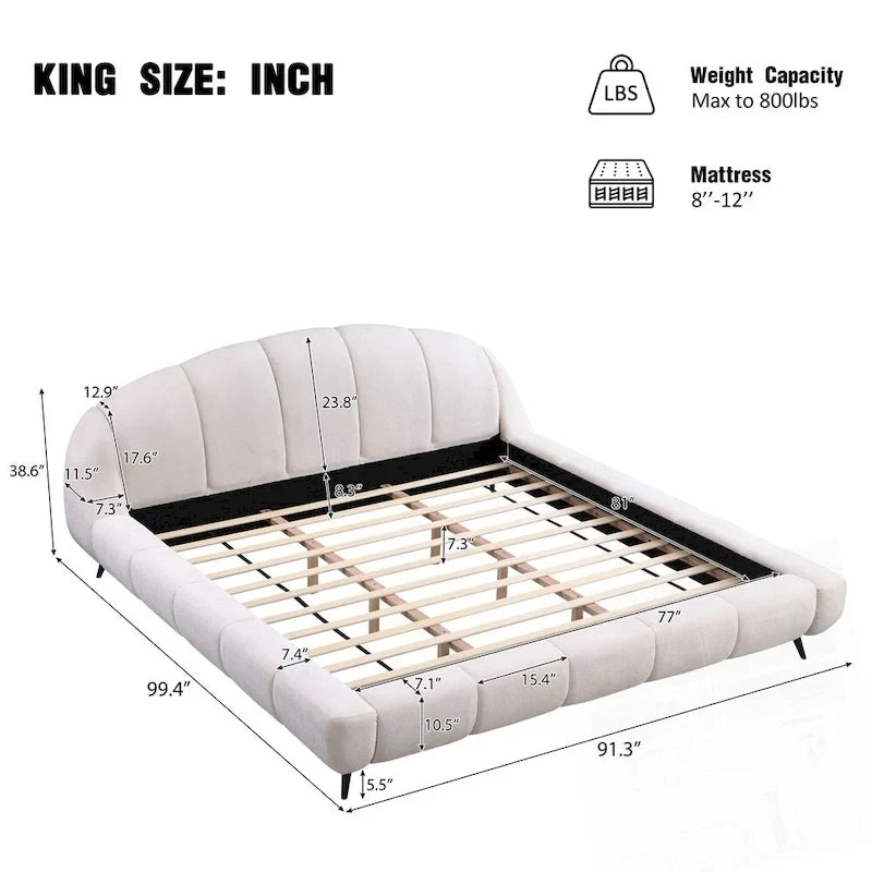 King Size Chenille Upholstered Platform Bed Shell-Shape Design Beds