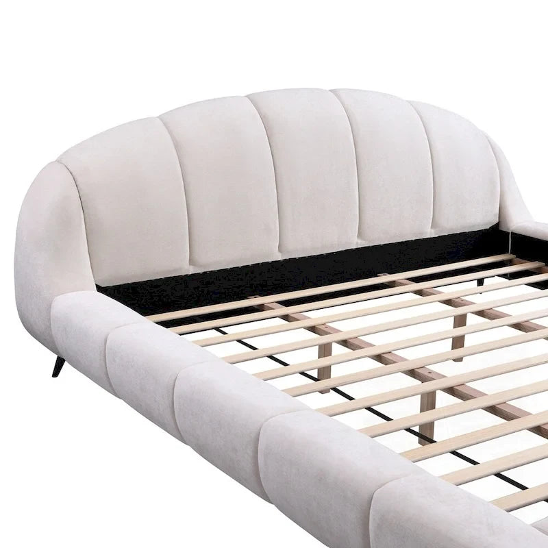 King Size Chenille Upholstered Platform Bed Shell-Shape Design Beds