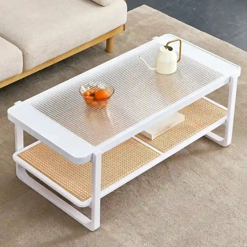 White Double-Layer Coffee Table, Glass Tabletop Imitation Rattan Side Table, Rectangular Solid Wood Table for Living Room