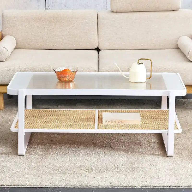 White Double-Layer Coffee Table, Glass Tabletop Imitation Rattan Side Table, Rectangular Solid Wood Table for Living Room