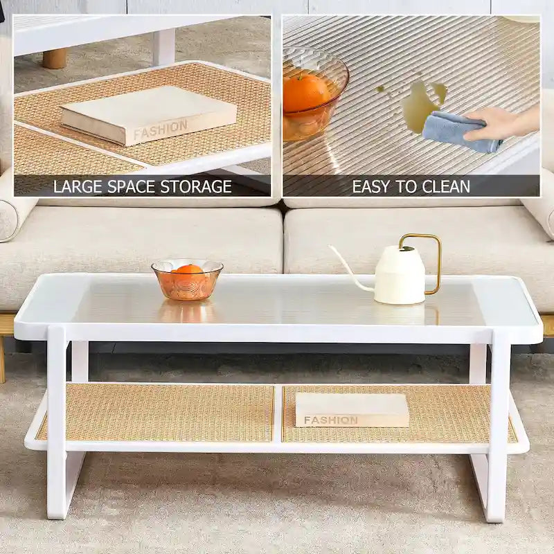 White Double-Layer Coffee Table, Glass Tabletop Imitation Rattan Side Table, Rectangular Solid Wood Table for Living Room