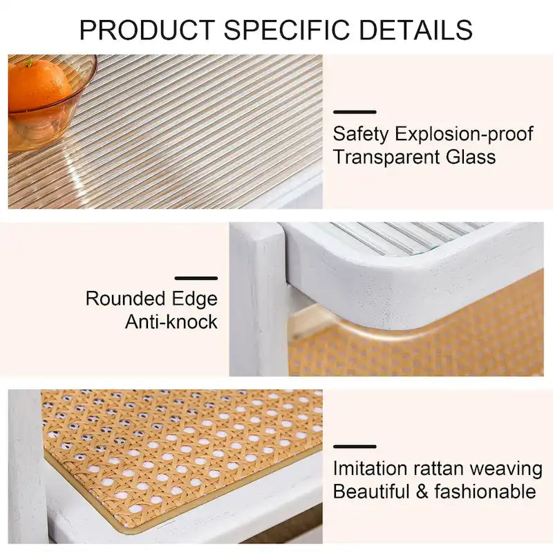 White Double-Layer Coffee Table, Glass Tabletop Imitation Rattan Side Table, Rectangular Solid Wood Table for Living Room