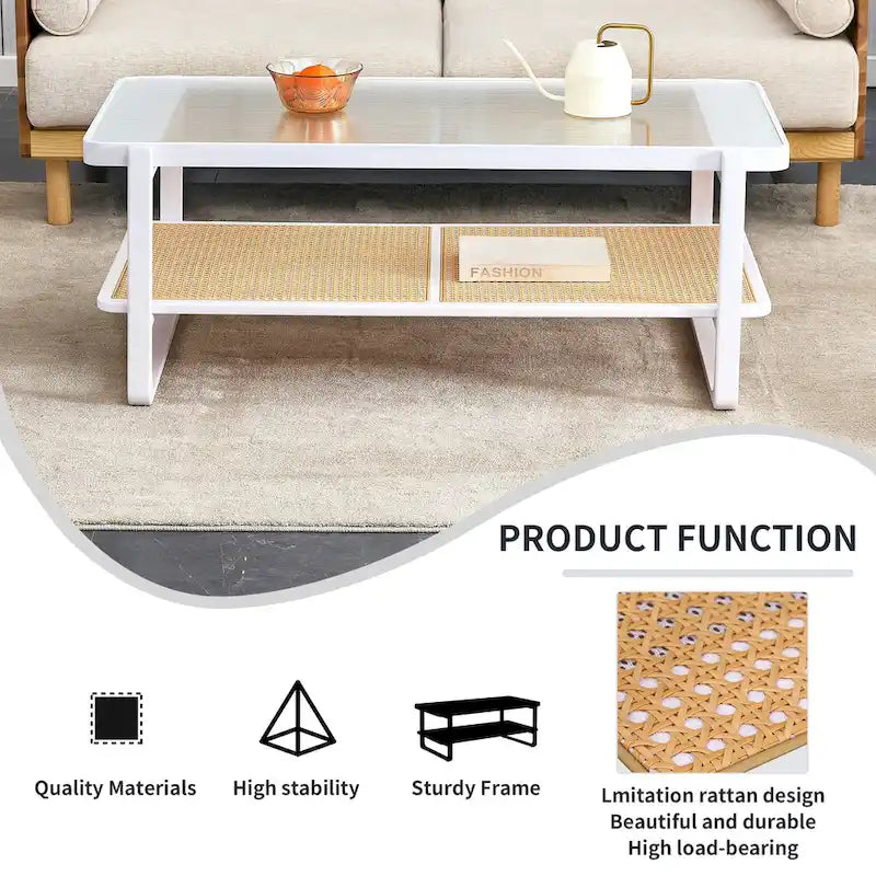 White Double-Layer Coffee Table, Glass Tabletop Imitation Rattan Side Table, Rectangular Solid Wood Table for Living Room