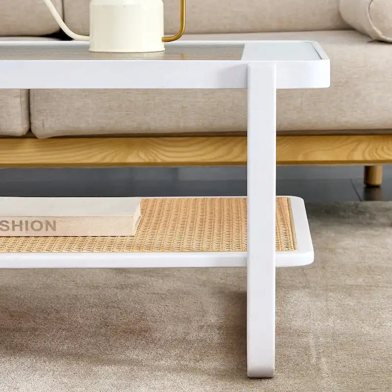White Double-Layer Coffee Table, Glass Tabletop Imitation Rattan Side Table, Rectangular Solid Wood Table for Living Room