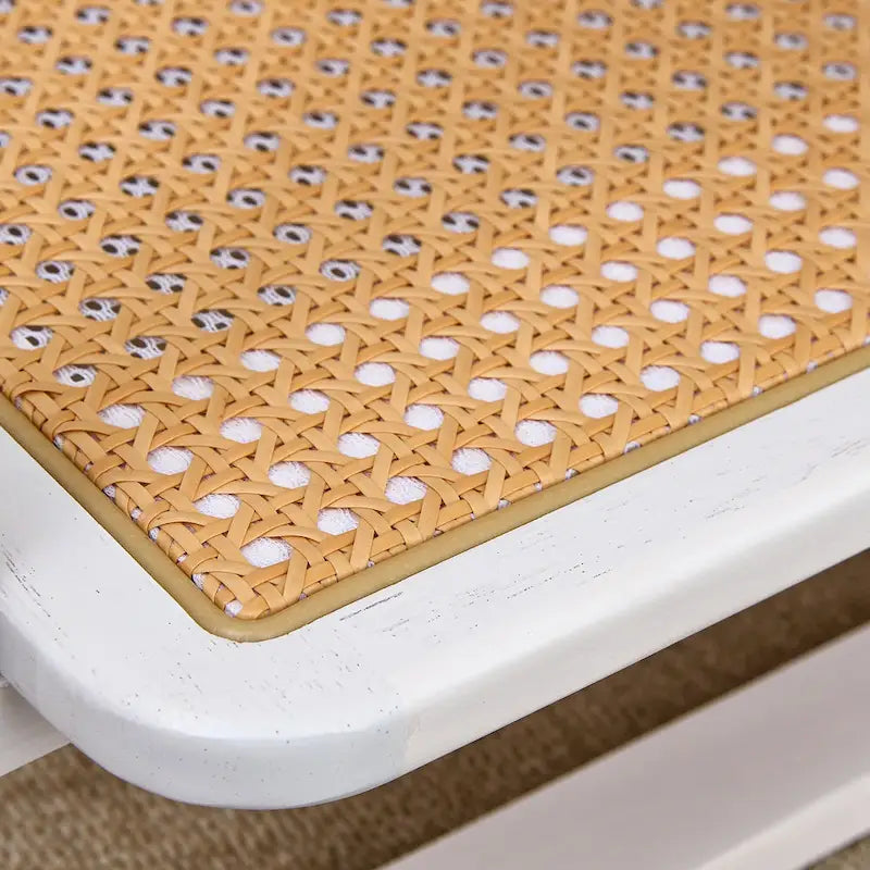 White Double-Layer Coffee Table, Glass Tabletop Imitation Rattan Side Table, Rectangular Solid Wood Table for Living Room