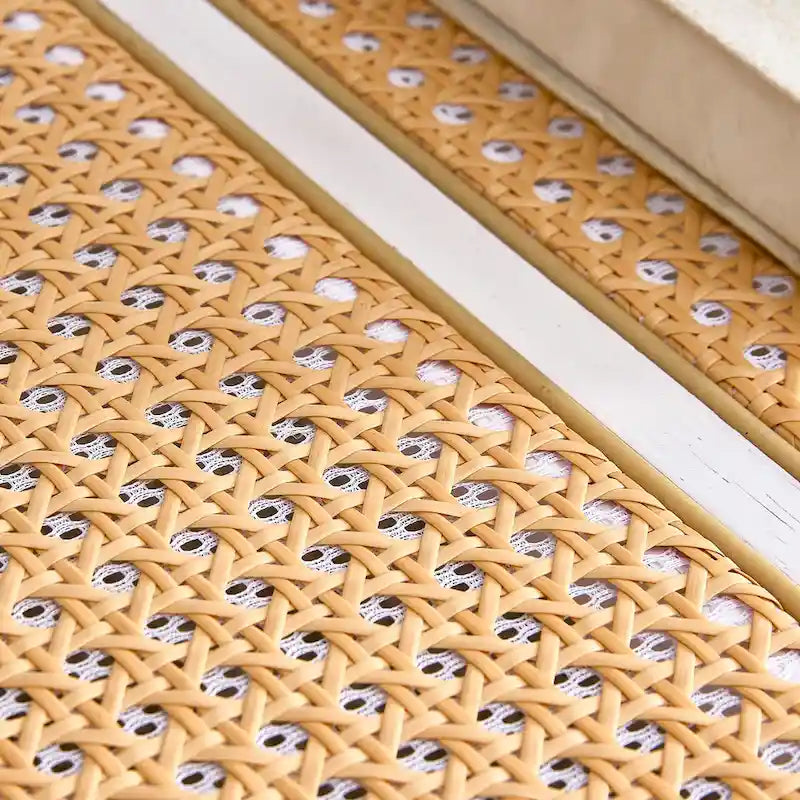 White Double-Layer Coffee Table, Glass Tabletop Imitation Rattan Side Table, Rectangular Solid Wood Table for Living Room