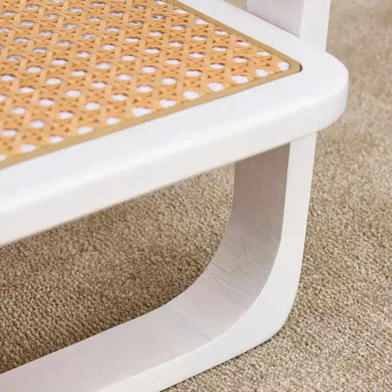 White Double-Layer Coffee Table, Glass Tabletop Imitation Rattan Side Table, Rectangular Solid Wood Table for Living Room