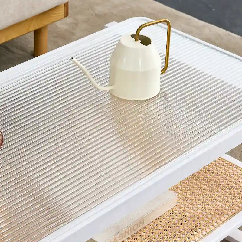 White Double-Layer Coffee Table, Glass Tabletop Imitation Rattan Side Table, Rectangular Solid Wood Table for Living Room