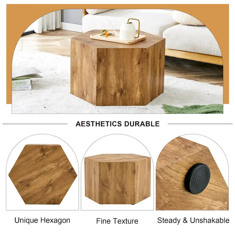 Hexagonal Coffee Table Textured Coffee Table with Non-slip Foot Mat Living Room End Table for Small Space